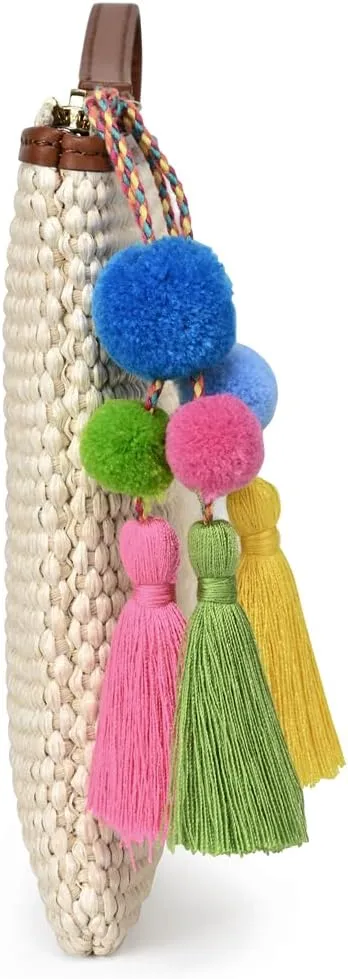 Luxury Straw Wristlet Pouch Beach Clutch Bag Small Summer Vacation Purse w. Colorful Pom Poms Tassels for Women