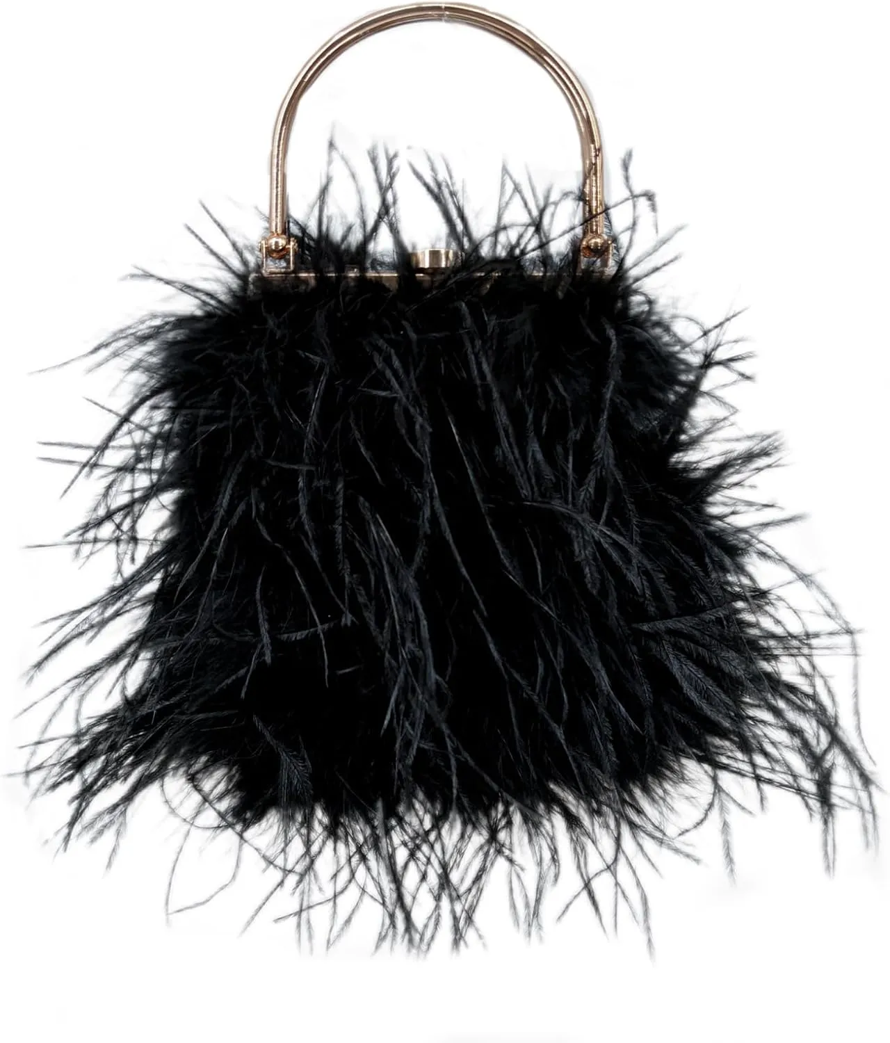 LVCOMEFF Women Evening Purse Ostrich Feather Handbag with Gold Handle Crossbody Bag Cute Luxury for Party Wedding