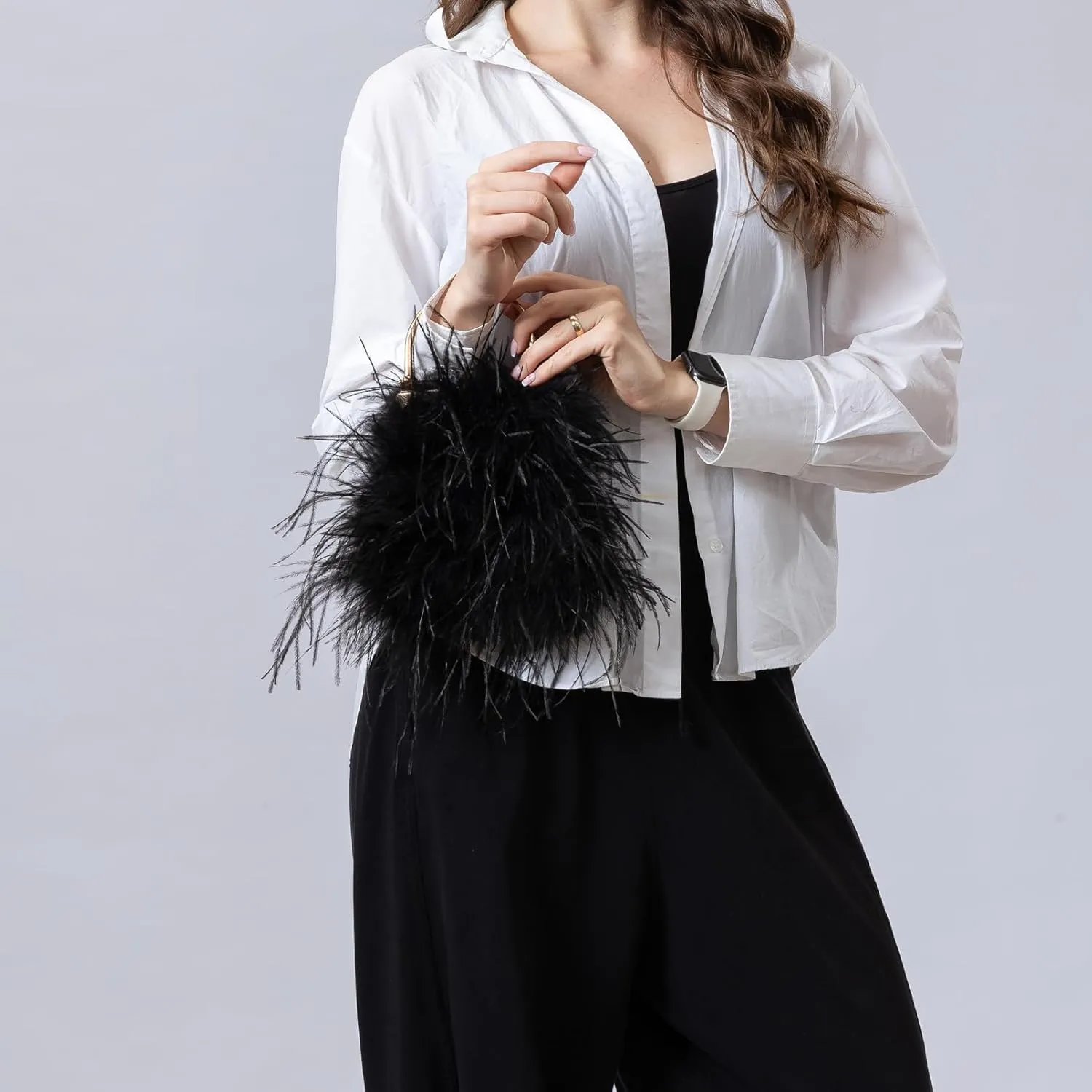 LVCOMEFF Women Evening Purse Ostrich Feather Handbag with Gold Handle Crossbody Bag Cute Luxury for Party Wedding