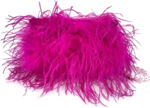 LVCOMEFF Women Ostrich Feather Clutch Mini Purse with Pearl Chain Small Handbag Furry Luxurious Party