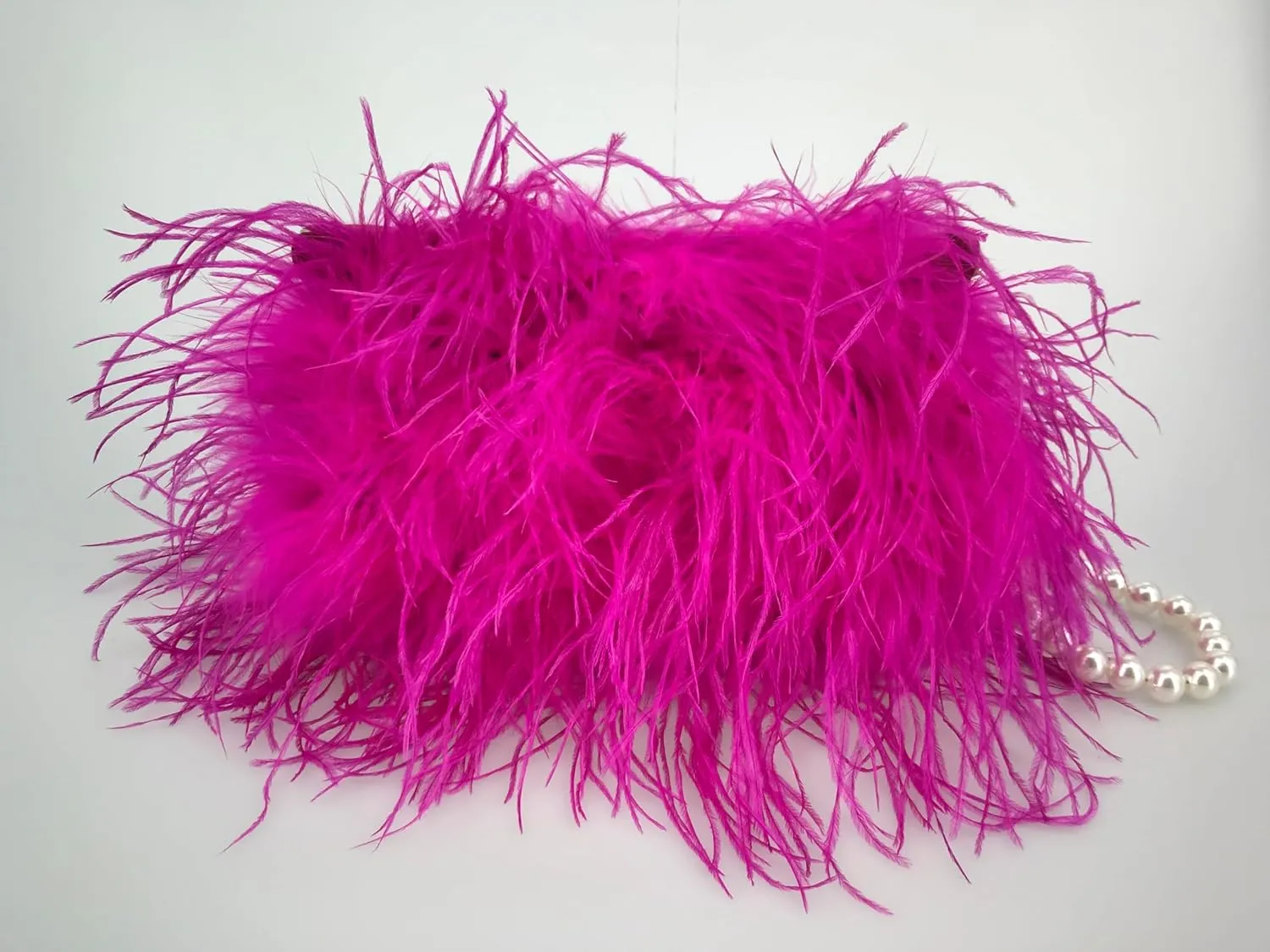 LVCOMEFF Women Ostrich Feather Clutch Mini Purse with Pearl Chain Small Handbag Furry Luxurious Party