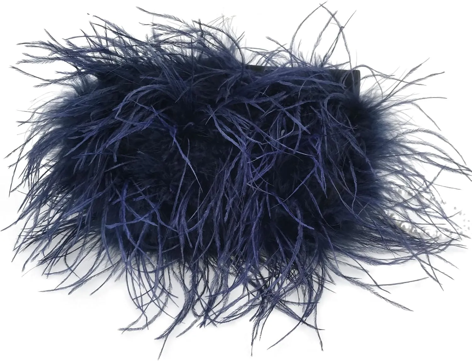 LVCOMEFF Women Ostrich Feather Clutch Mini Purse with Pearl Chain Small Handbag Furry Luxurious Party