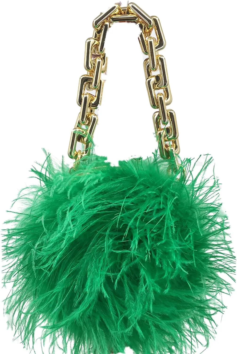 LVCOMEFF Women Ostrich Feather Mini Handbag Purse with Big Gold Chain for Party Fluffy Plush Luxurious