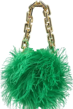 LVCOMEFF Women Ostrich Feather Mini Handbag Purse with Big Gold Chain for Party Fluffy Plush Luxurious