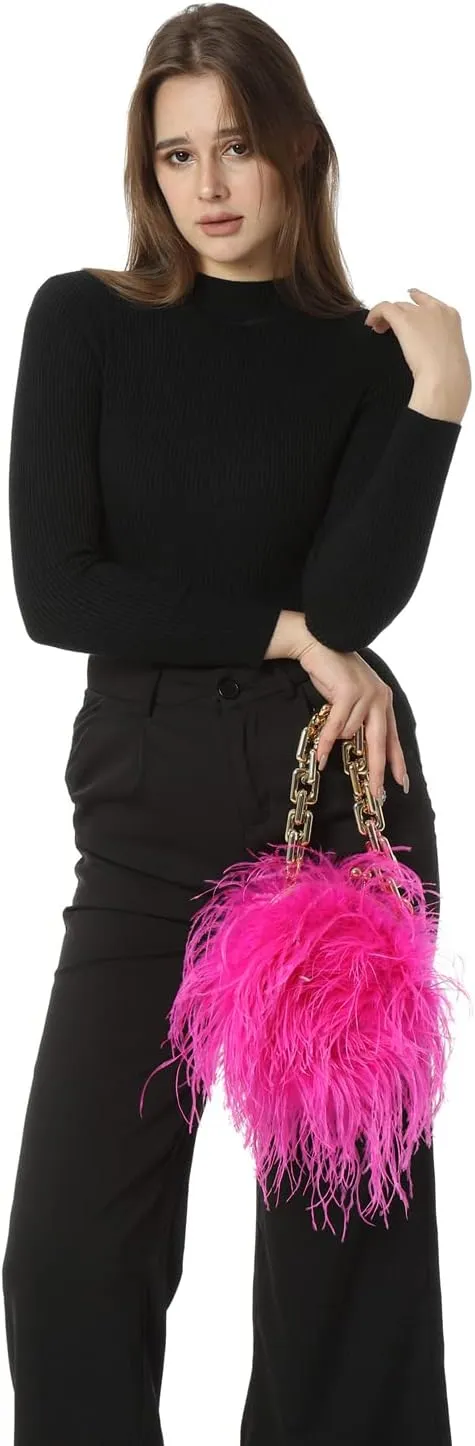 LVCOMEFF Women Ostrich Feather Mini Handbag Purse with Big Gold Chain for Party Fluffy Plush Luxurious