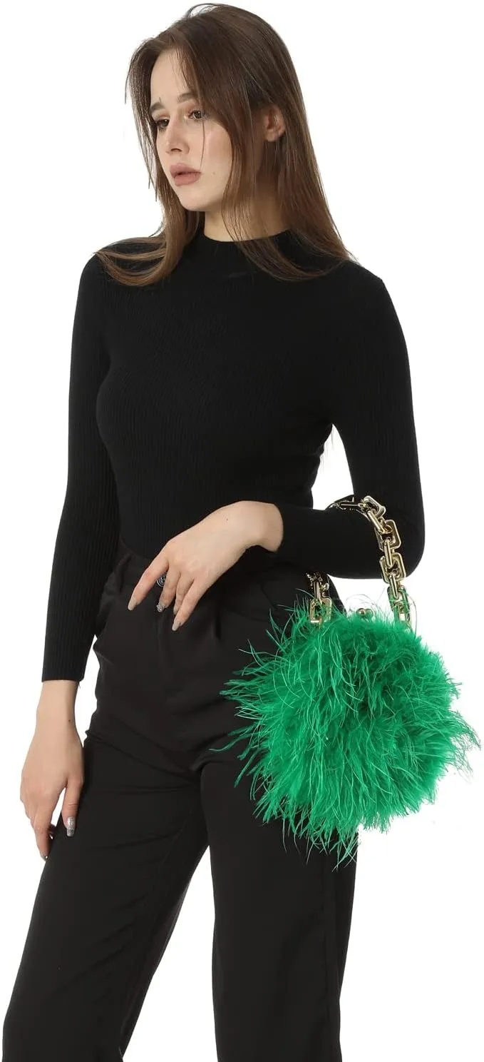 LVCOMEFF Women Ostrich Feather Mini Handbag Purse with Big Gold Chain for Party Fluffy Plush Luxurious