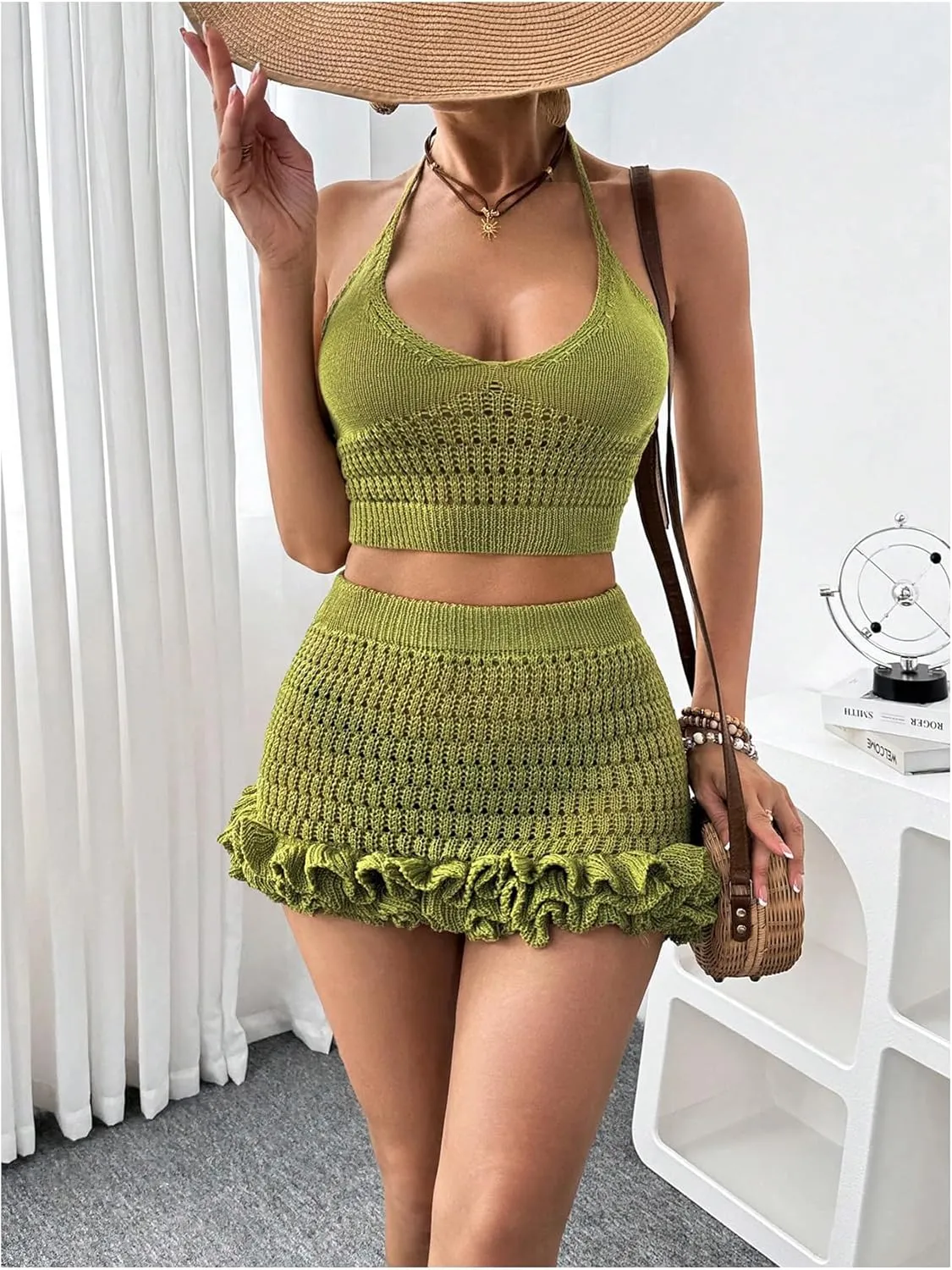 MakeMeChic Women's Crochet Cover Up Halter Crop Tops and Ruffle Skirt Swimwear Bathing Suit