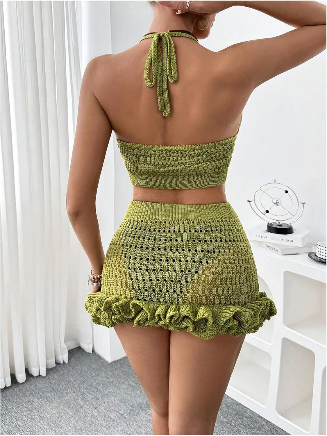MakeMeChic Women's Crochet Cover Up Halter Crop Tops and Ruffle Skirt Swimwear Bathing Suit