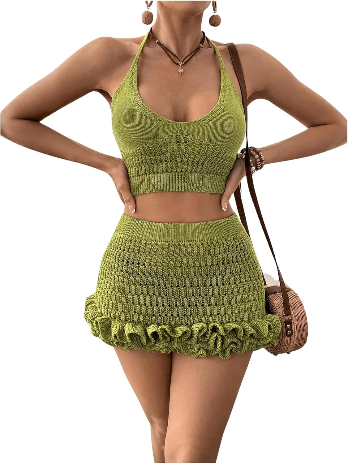 MakeMeChic Women's Crochet Cover Up Halter Crop Tops and Ruffle Skirt Swimwear Bathing Suit