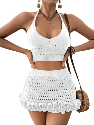 MakeMeChic Women's Crochet Cover Up Halter Crop Tops and Ruffle Skirt Swimwear Bathing Suit