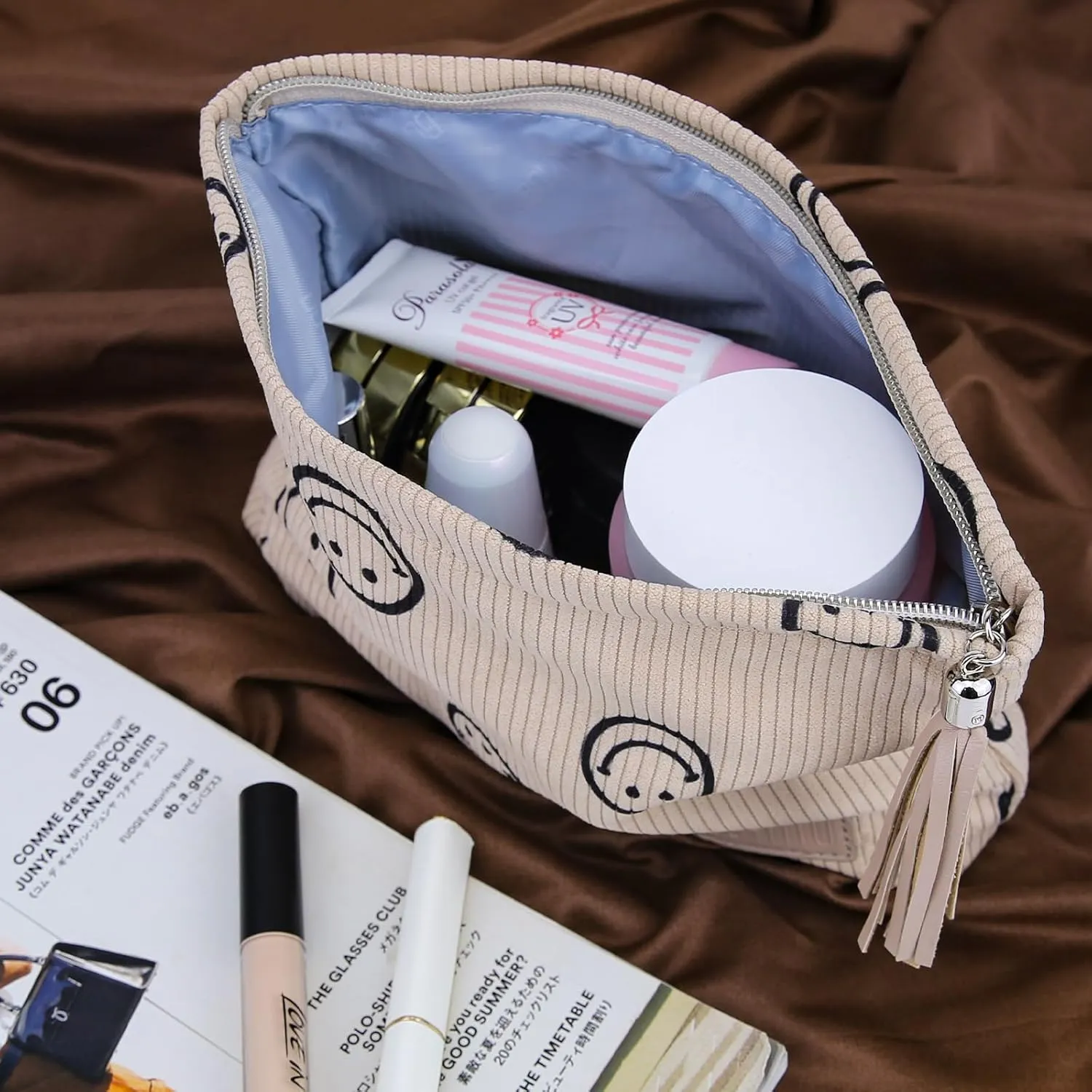 Makeup Bag Small Cosmetic Pouch: Cosmetic Bag for Purse - Cute Make up Bags with Tassel - Gifts for Teen Girl (01-Khaki)