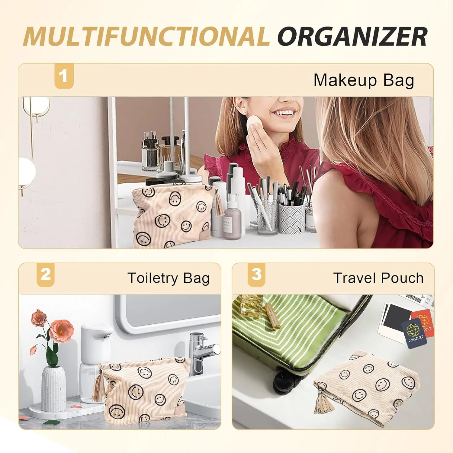 Makeup Bag Small Cosmetic Pouch: Cosmetic Bag for Purse - Cute Make up Bags with Tassel - Gifts for Teen Girl (01-Khaki)