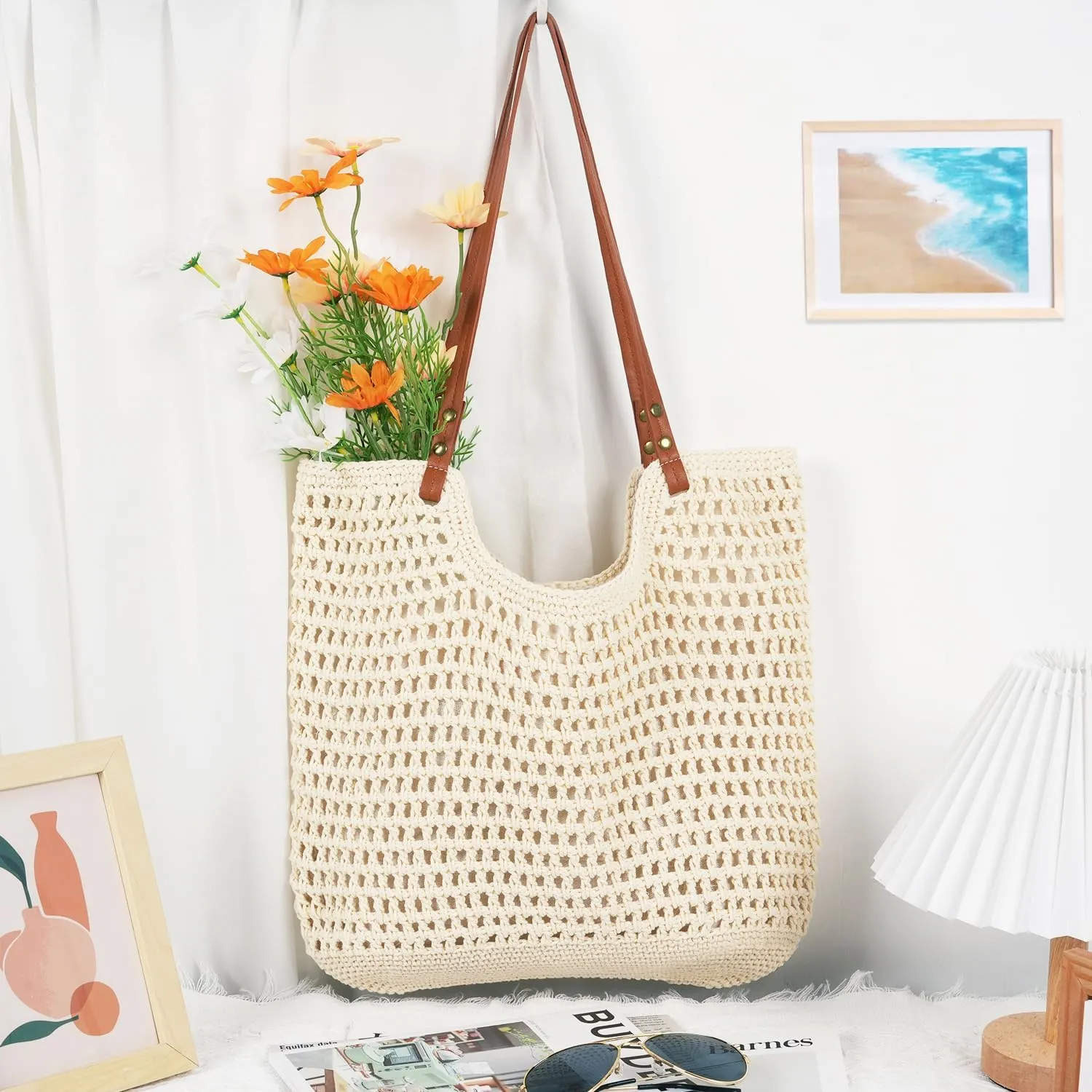 MAMUNU Crochet Tote Bag for Women, Summer Mesh Beach Tote Bag, Aesthetic Knit Tote Bag Shoulder Handbag for Travel Vacation