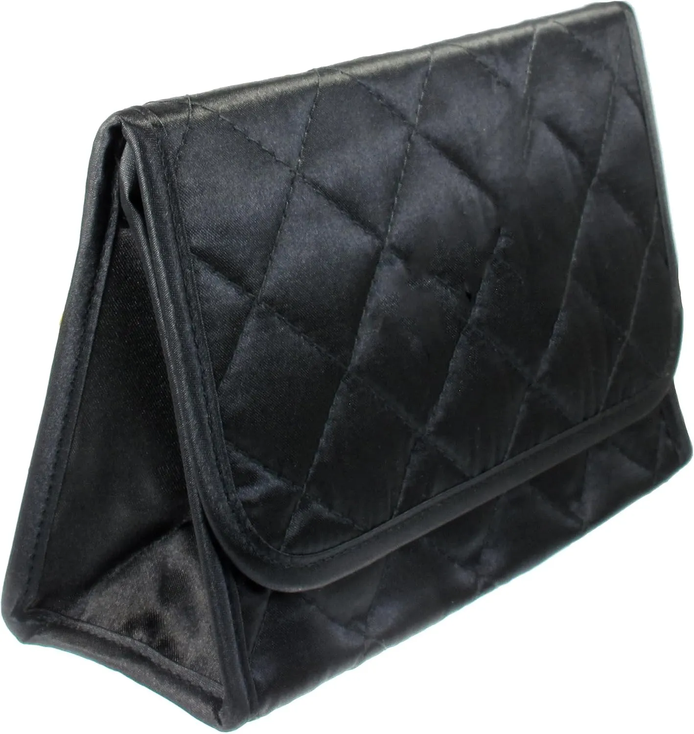 Marisa D'Amico Travel Portable Purse Size Makeup Case Cosmetic Bag with Mirror, Quilted Satin Black