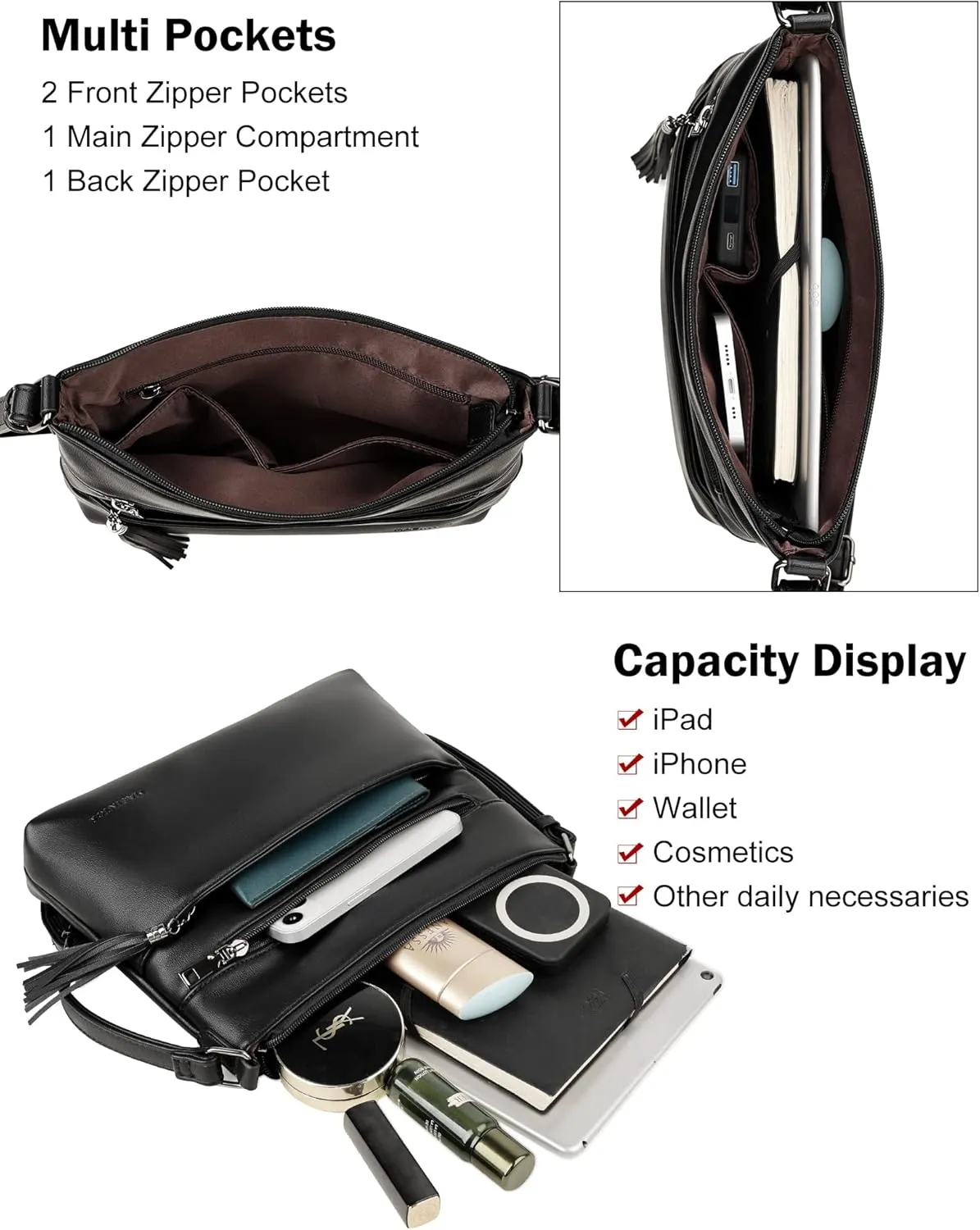MASINTOR Crossbody Bags for Women, Lightweight Medium Crossbody Purse, Soft Leather Women's Shoulder Handbags with Tassel for Shopping or Travel