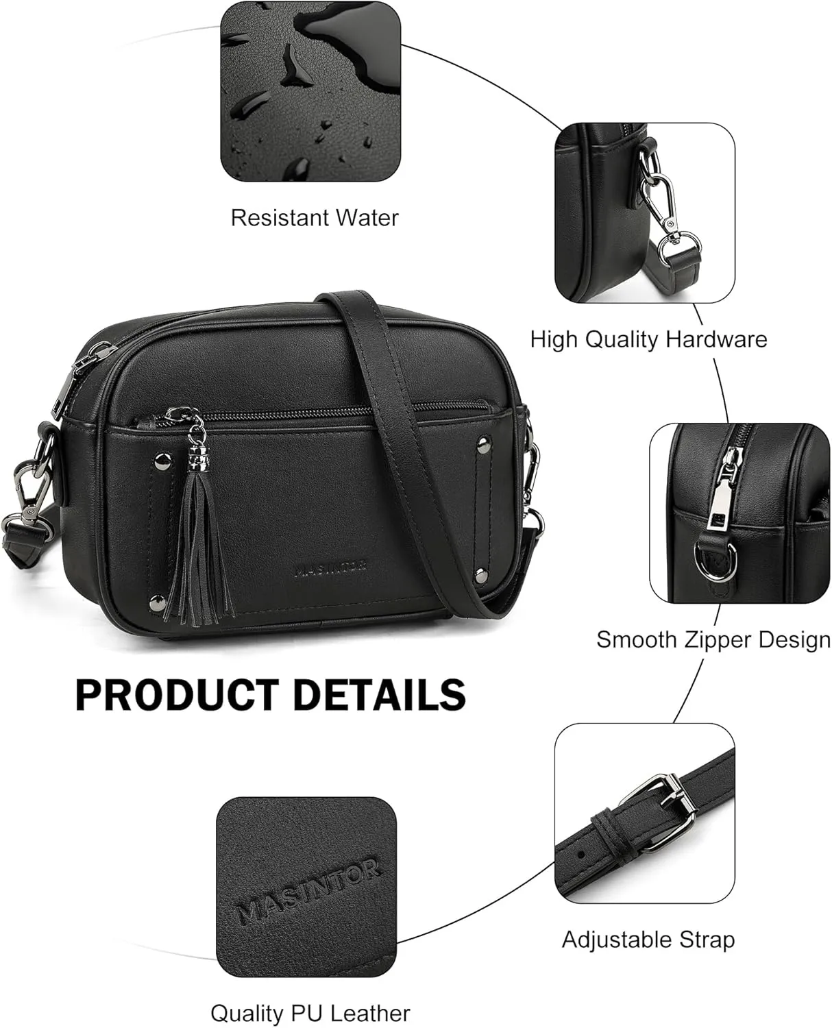 MASINTOR Crossbody Bags for Women Vegan Leather, Trendy Shoulder Purse with Adjustable Strap and Tassel