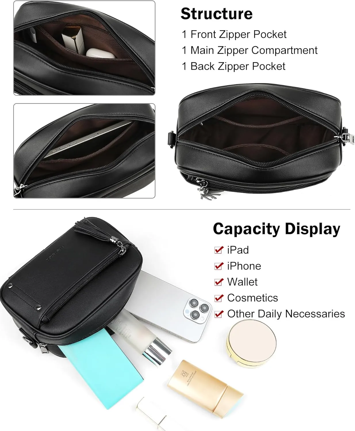 MASINTOR Crossbody Bags for Women Vegan Leather, Trendy Shoulder Purse with Adjustable Strap and Tassel