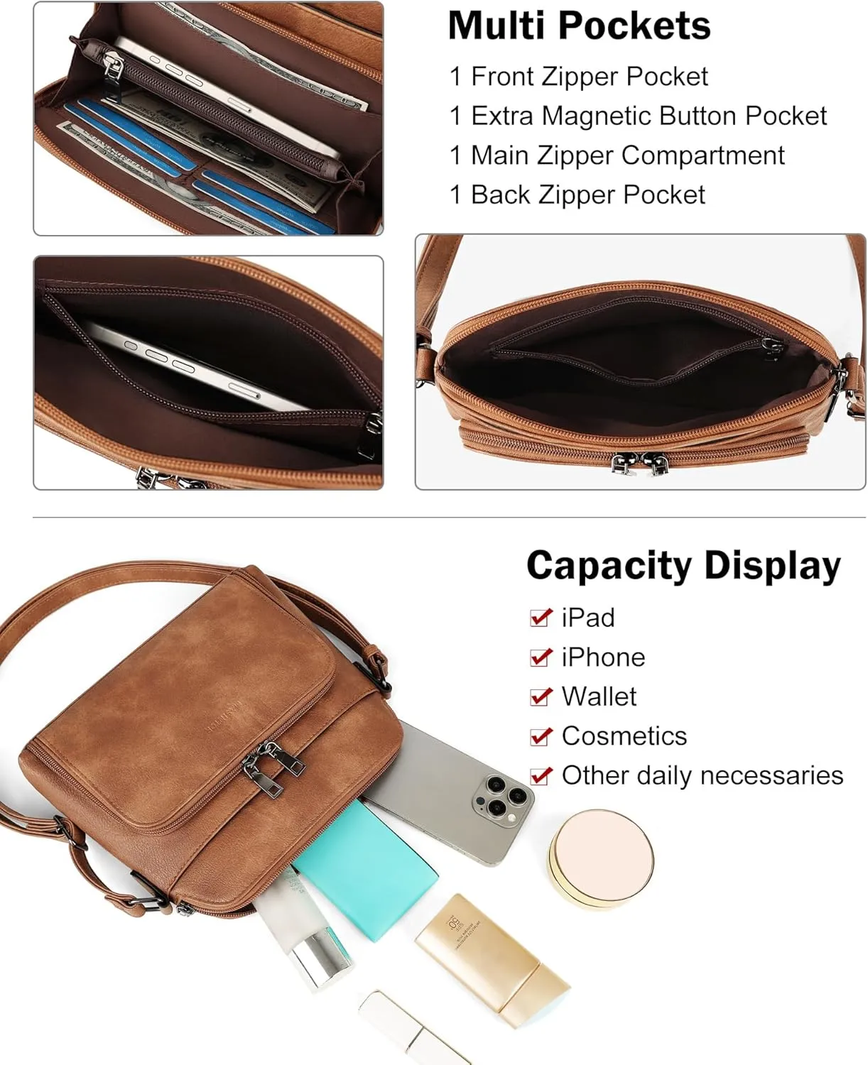 MASINTOR Crossbody Purse Bags for Women, Multi-Pocket Soft Leather Shoulder Purse with Tassel, Lightweight Travel Handbag