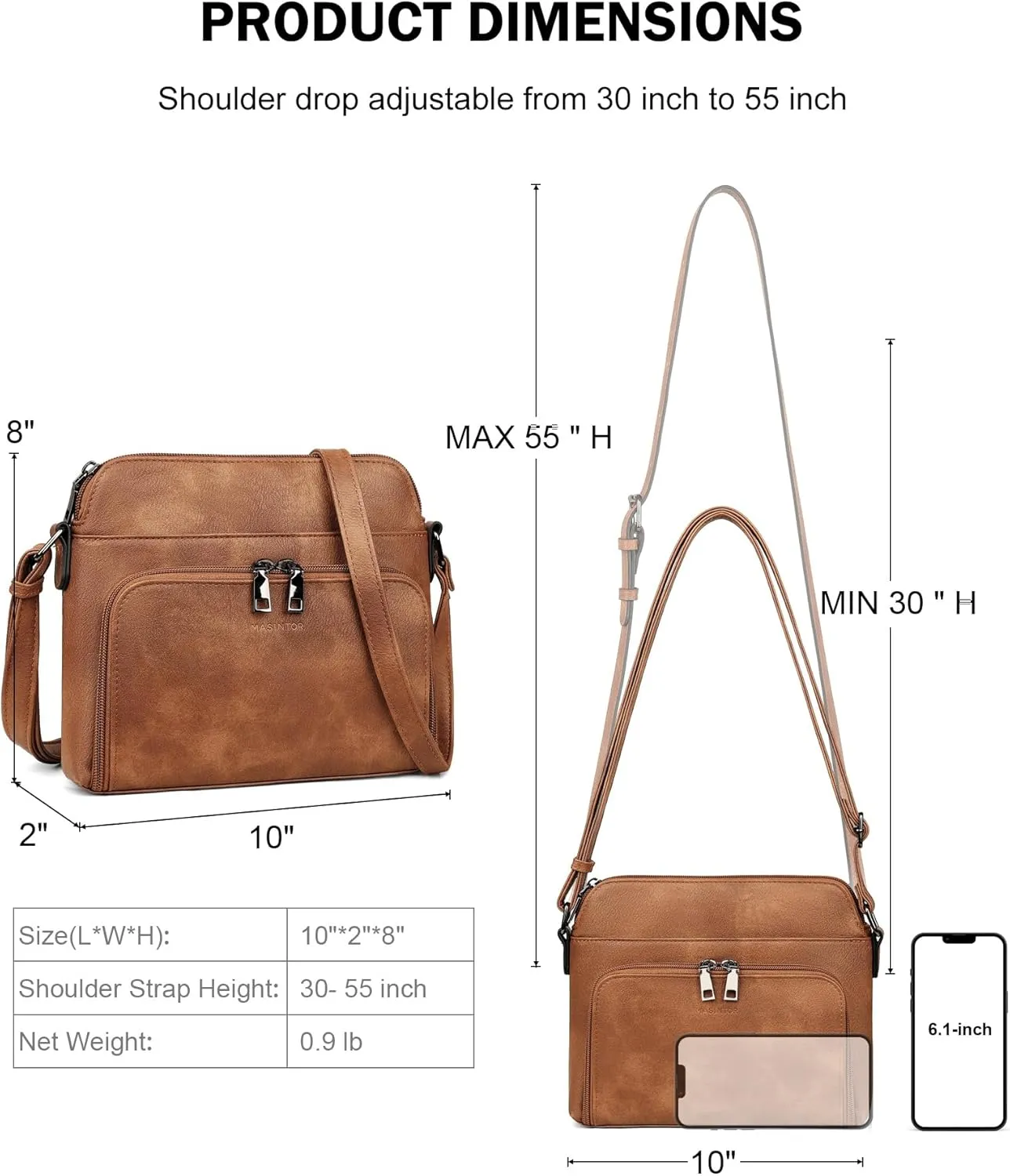 MASINTOR Crossbody Purse Bags for Women, Multi-Pocket Soft Leather Shoulder Purse with Tassel, Lightweight Travel Handbag