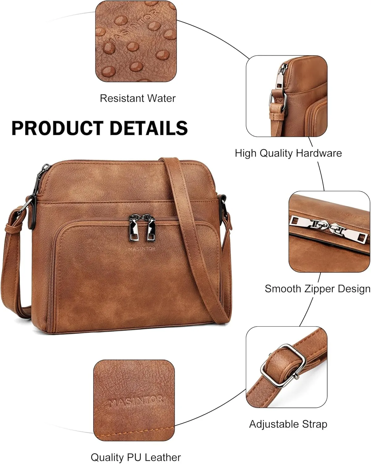 MASINTOR Crossbody Purse Bags for Women, Multi-Pocket Soft Leather Shoulder Purse with Tassel, Lightweight Travel Handbag