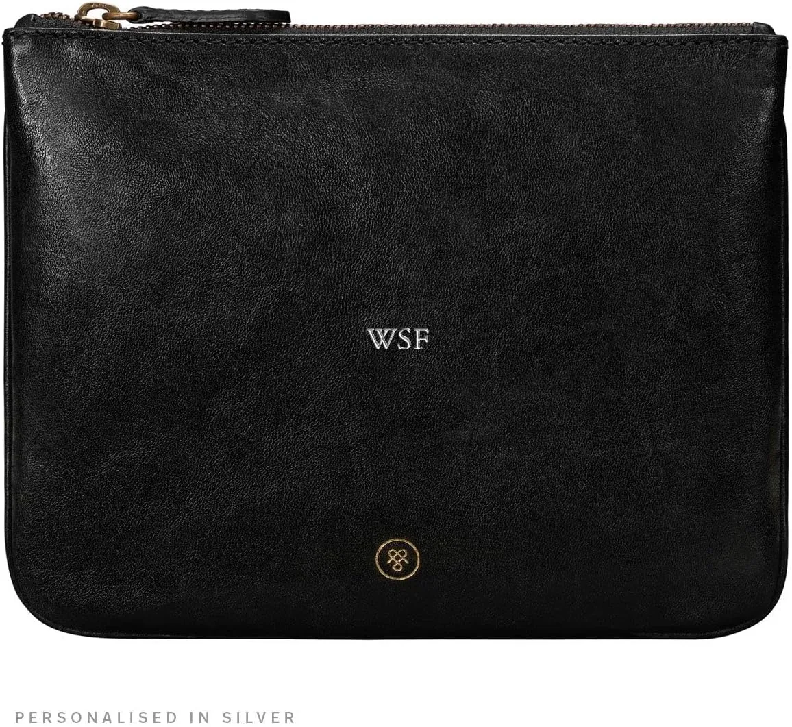 Maxwell Scott - Personalized Womens Luxury Designer Leather Flat Makeup Bag Purse - The Zeta - Black