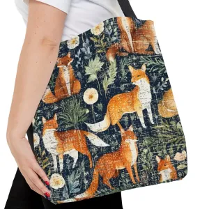 Medium Tote Bag with Foxes on Dark Floral Print