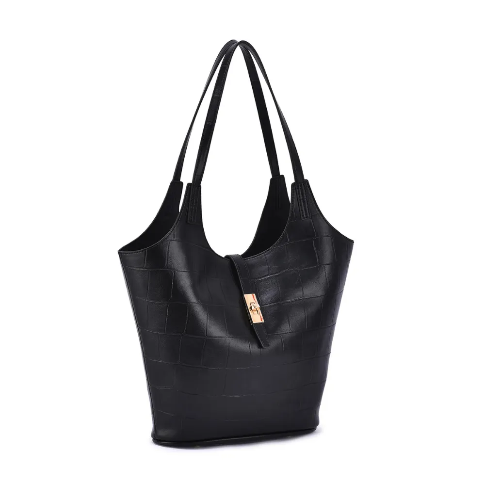 Mellow World Clio 2-in-1 Croc Embossed Black Tote Bag (Women's)