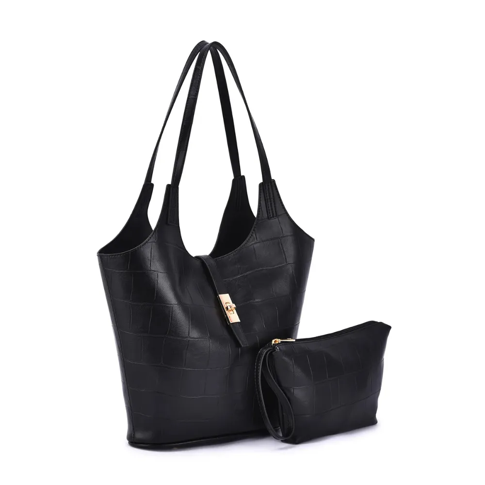 Mellow World Clio 2-in-1 Croc Embossed Black Tote Bag (Women's)