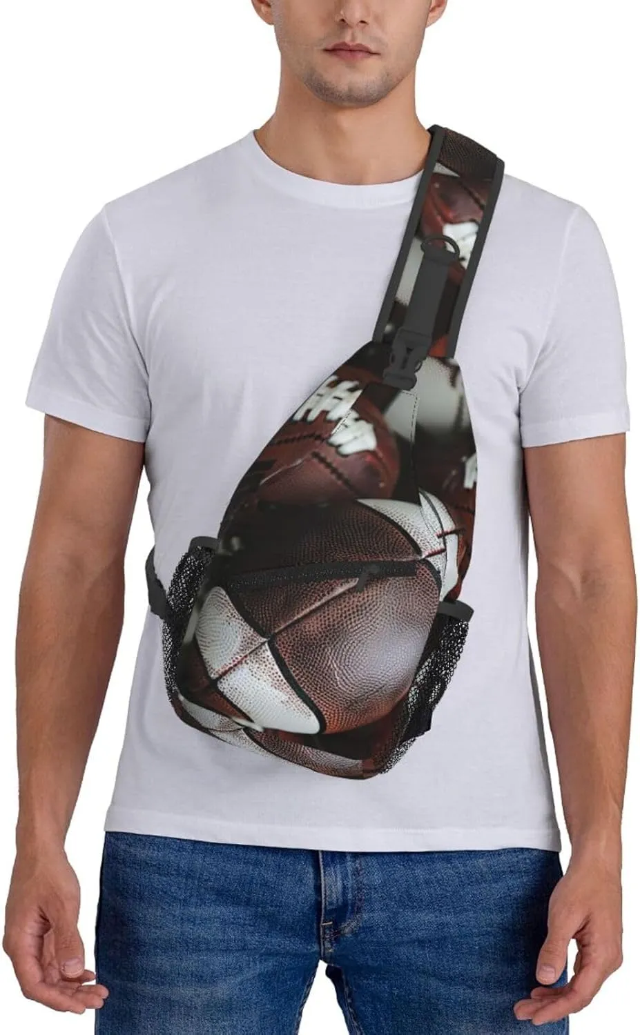 Men's Pile of footballs Print Crossbody Shoulder Bag Travel Hiking Daypack for Women Crossbody Sling Backpack