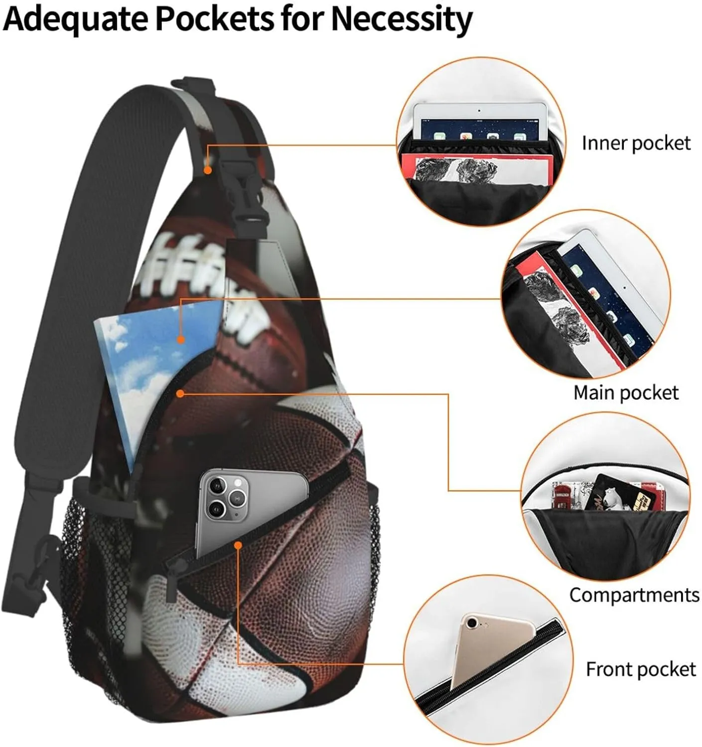 Men's Pile of footballs Print Crossbody Shoulder Bag Travel Hiking Daypack for Women Crossbody Sling Backpack