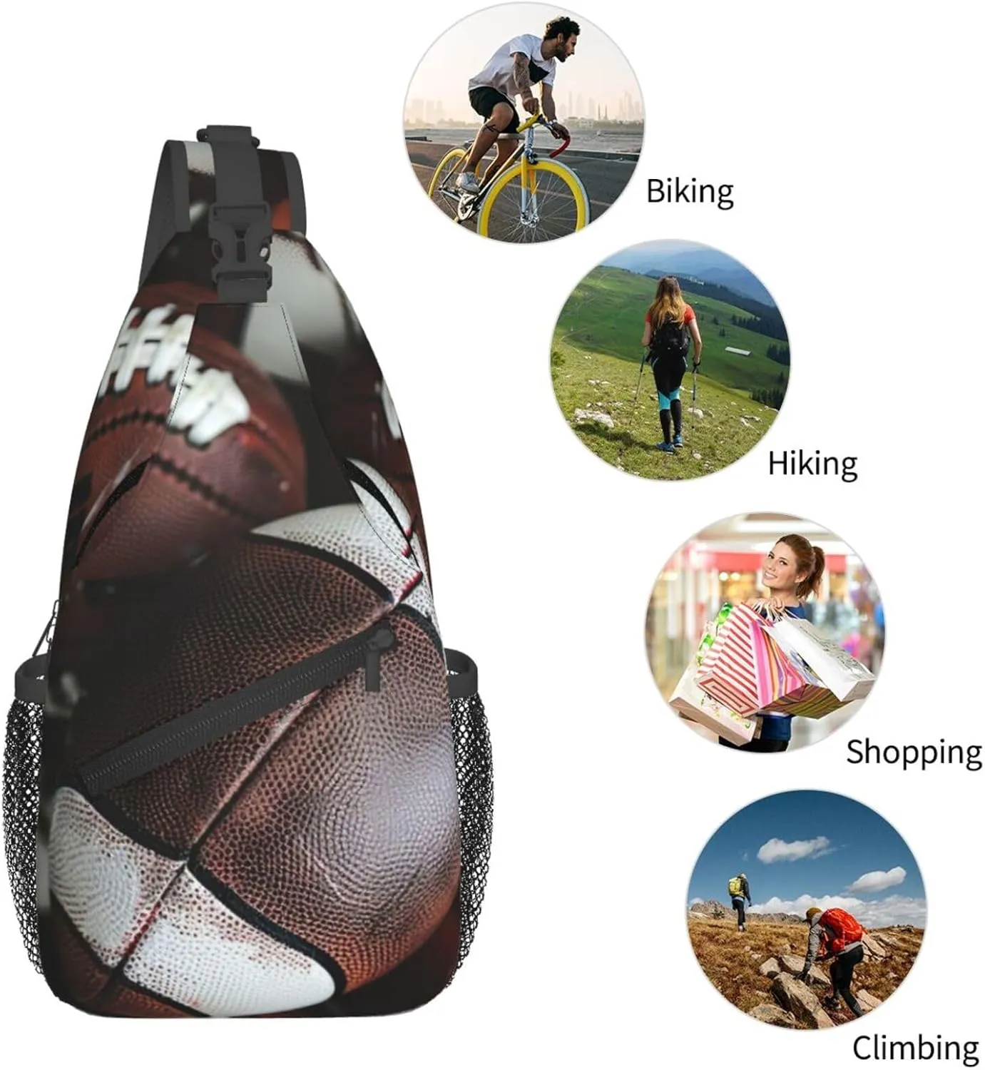 Men's Pile of footballs Print Crossbody Shoulder Bag Travel Hiking Daypack for Women Crossbody Sling Backpack