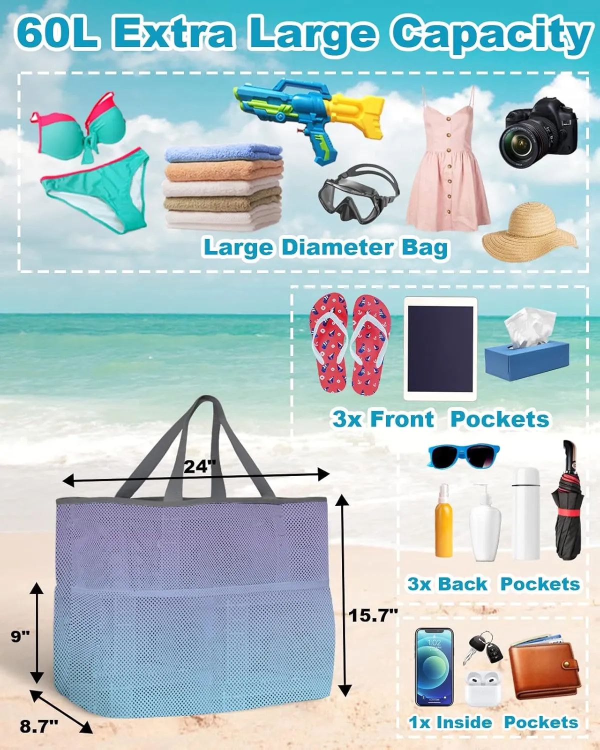 Mesh Beach Bag Oversized Tote Bags for Women Purple Blue Symphony Gradient Watercolor Large Travel Pool Bags Grocery Toy Tote Bags with 8 Pockets