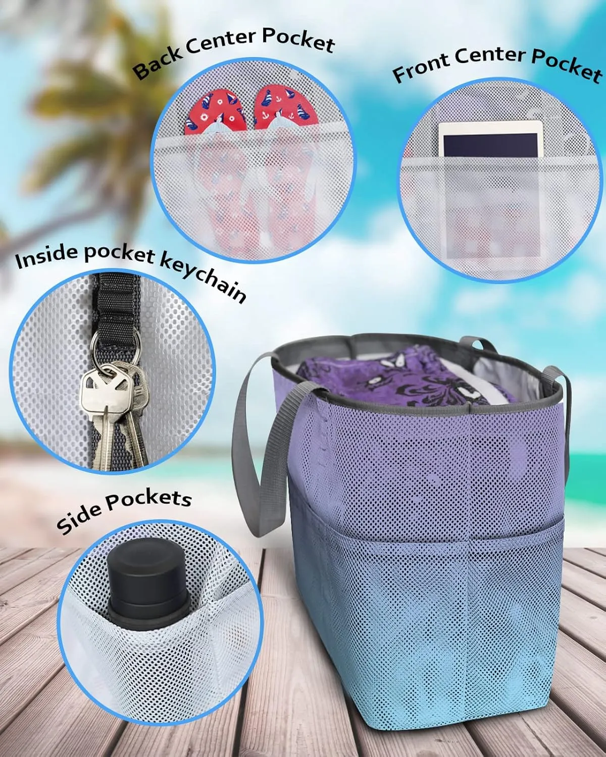 Mesh Beach Bag Oversized Tote Bags for Women Purple Blue Symphony Gradient Watercolor Large Travel Pool Bags Grocery Toy Tote Bags with 8 Pockets