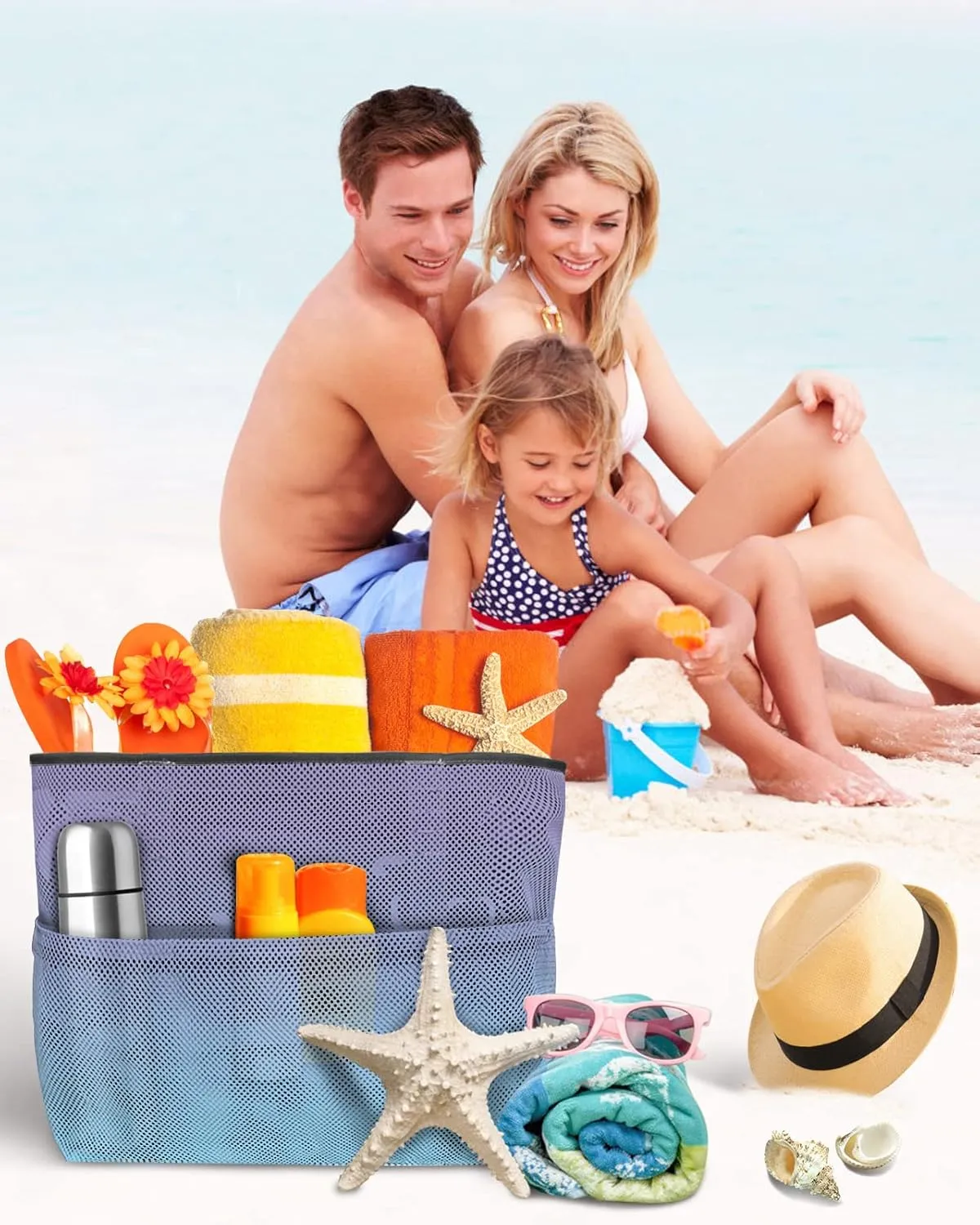 Mesh Beach Bag Oversized Tote Bags for Women Purple Blue Symphony Gradient Watercolor Large Travel Pool Bags Grocery Toy Tote Bags with 8 Pockets