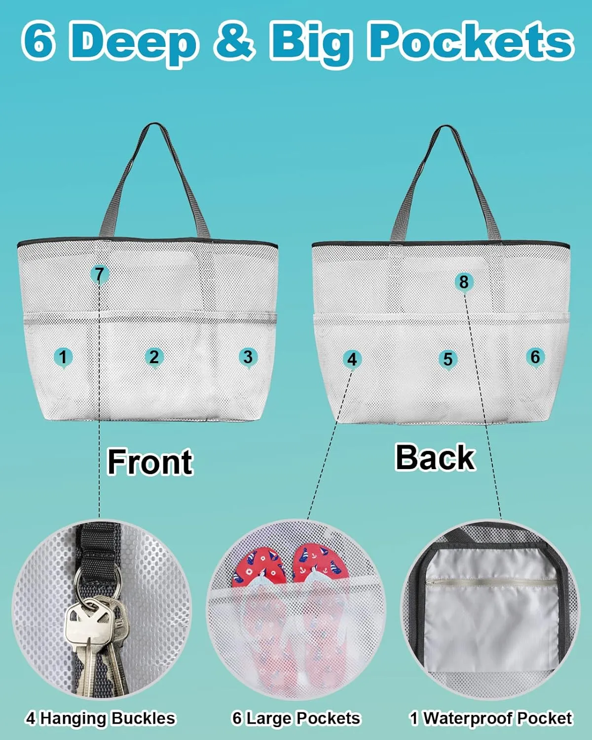 Mesh Beach Bag Oversized Tote Bags for Women Purple Blue Symphony Gradient Watercolor Large Travel Pool Bags Grocery Toy Tote Bags with 8 Pockets