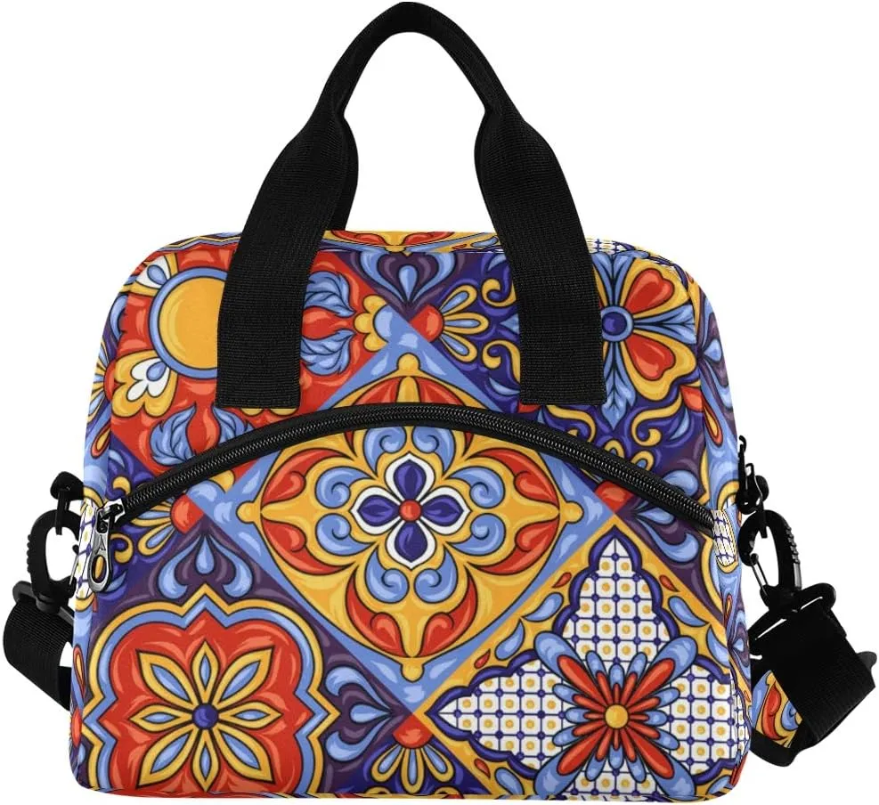 Mexican Ceramic Tile Pattern Lunch Bag with Removable Shoulder Strap, Insulated Lunch Bag for School Office Picnic
