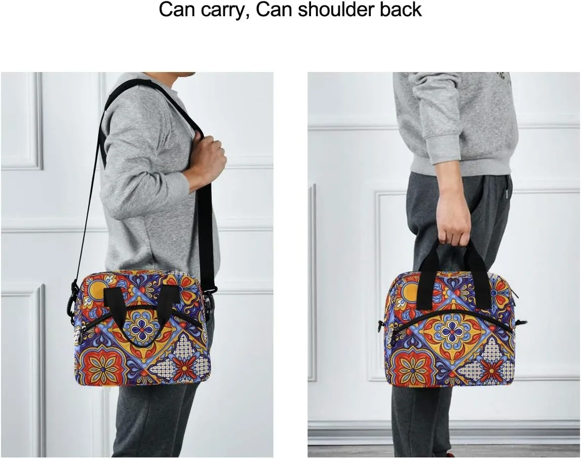 Mexican Ceramic Tile Pattern Lunch Bag with Removable Shoulder Strap, Insulated Lunch Bag for School Office Picnic