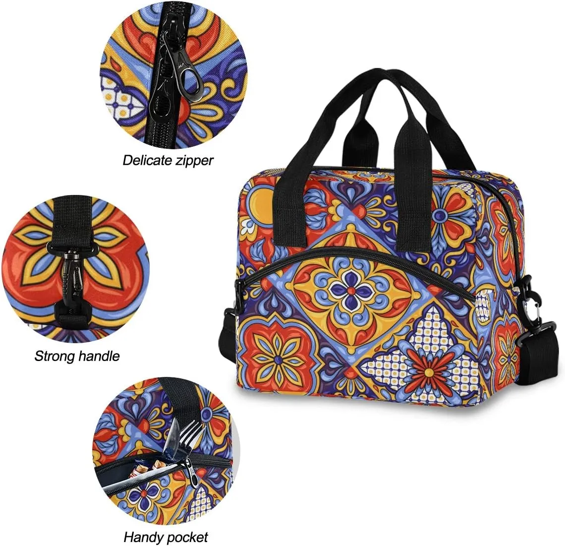 Mexican Ceramic Tile Pattern Lunch Bag with Removable Shoulder Strap, Insulated Lunch Bag for School Office Picnic