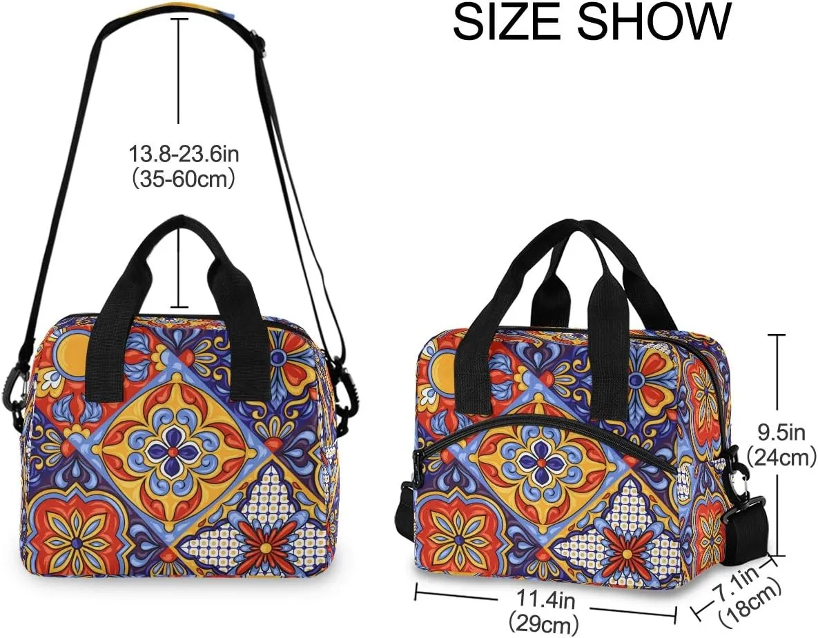 Mexican Ceramic Tile Pattern Lunch Bag with Removable Shoulder Strap, Insulated Lunch Bag for School Office Picnic