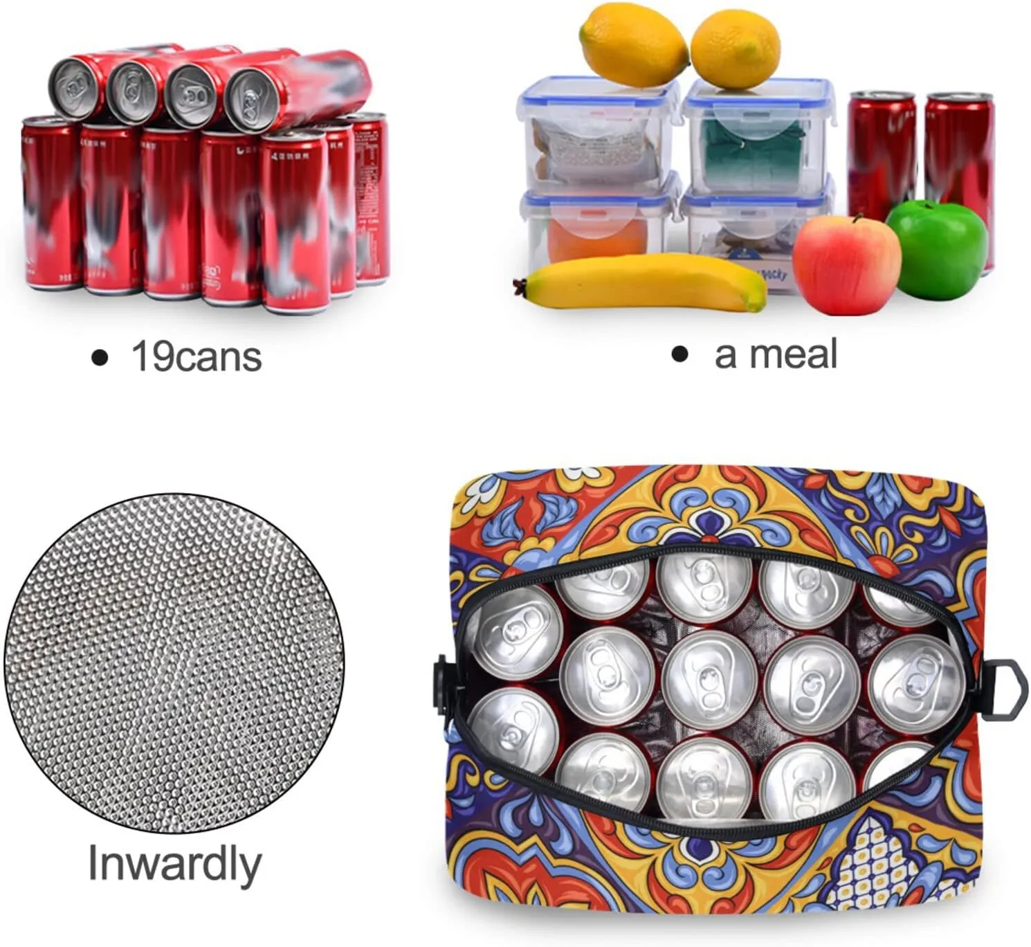 Mexican Ceramic Tile Pattern Lunch Bag with Removable Shoulder Strap, Insulated Lunch Bag for School Office Picnic
