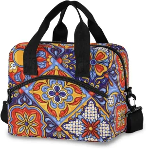 Mexican Ceramic Tile Pattern Lunch Bag with Removable Shoulder Strap, Insulated Lunch Bag for School Office Picnic