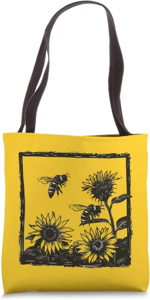 Mexican Linocut Print Bees Sunflowers Springtime Summertime Tote Bag