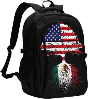 Mexican Mexico American Flag Mexico Grown Mexican Roots Casual Travel Backpacks Hiking Camping Backpack Large Outdoor Sport Daypack Laptop Rucksack Climbing Working Bags with USB Port