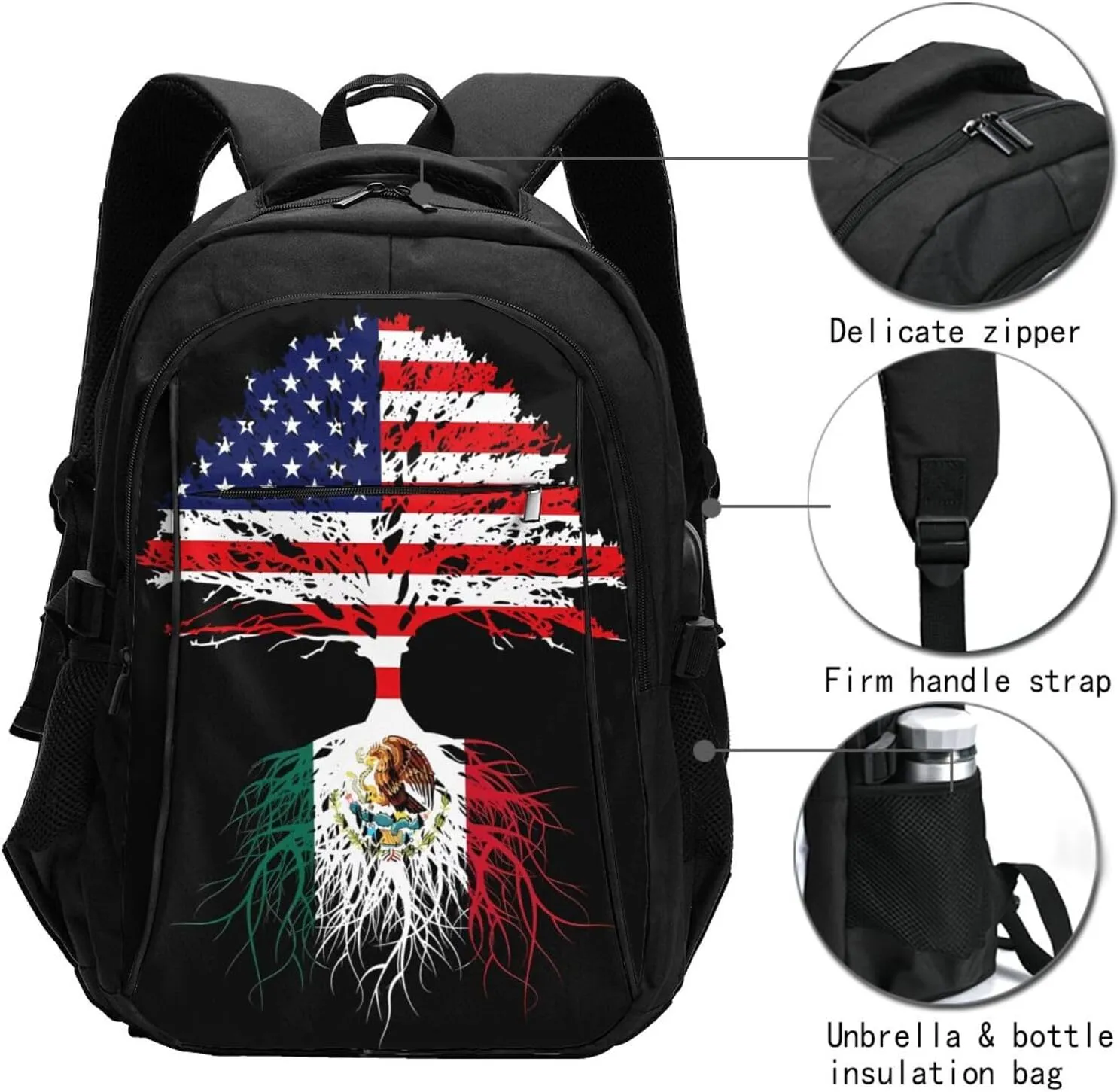 Mexican Mexico American Flag Mexico Grown Mexican Roots Casual Travel Backpacks Hiking Camping Backpack Large Outdoor Sport Daypack Laptop Rucksack Climbing Working Bags with USB Port