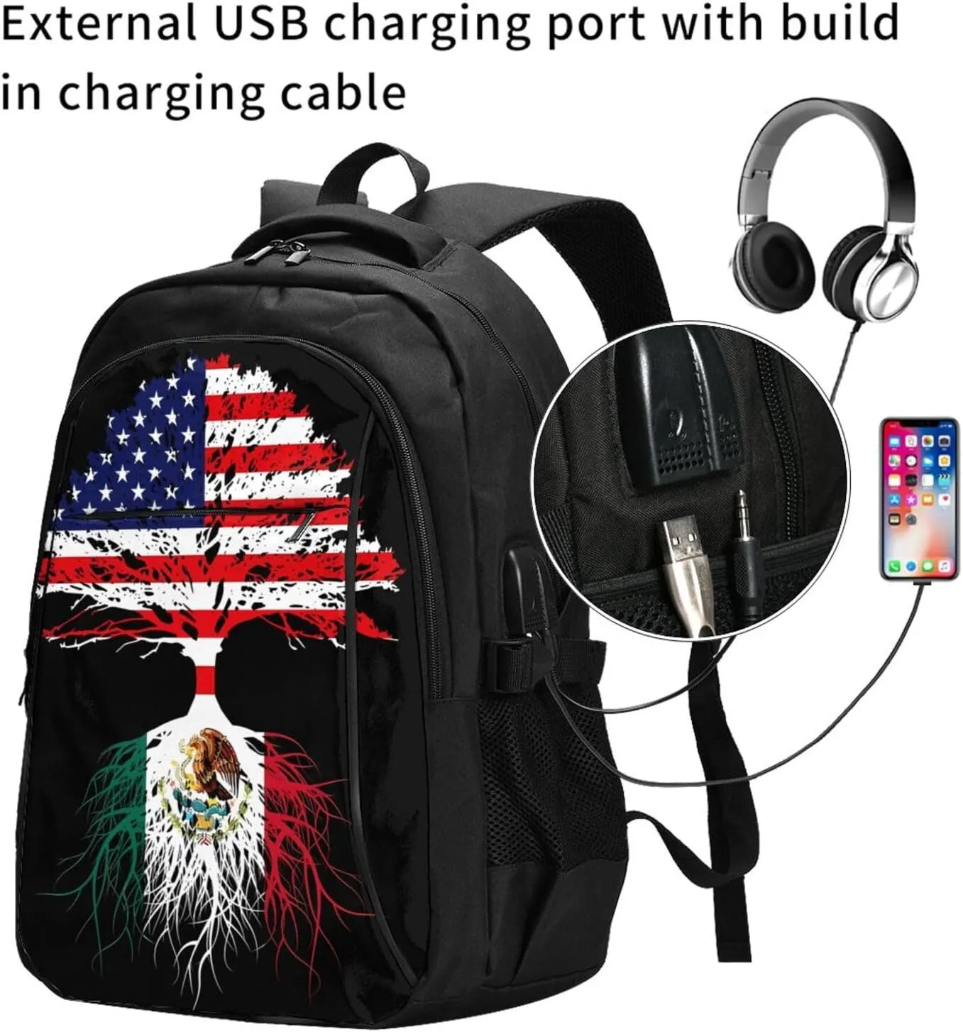Mexican Mexico American Flag Mexico Grown Mexican Roots Casual Travel Backpacks Hiking Camping Backpack Large Outdoor Sport Daypack Laptop Rucksack Climbing Working Bags with USB Port