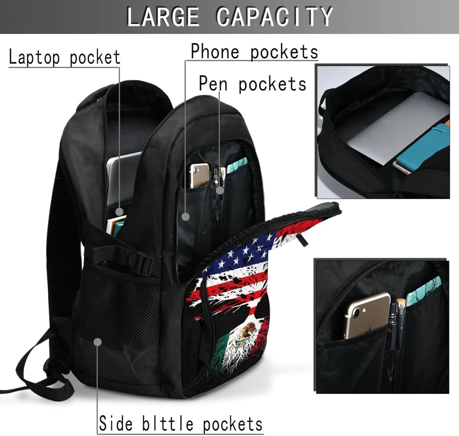 Mexican Mexico American Flag Mexico Grown Mexican Roots Casual Travel Backpacks Hiking Camping Backpack Large Outdoor Sport Daypack Laptop Rucksack Climbing Working Bags with USB Port