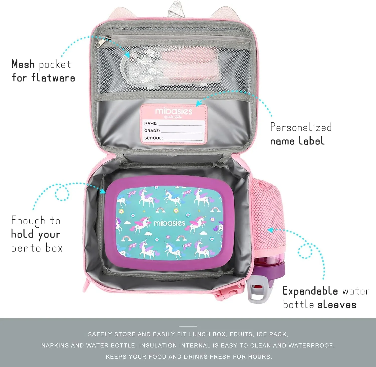mibasies Unicorn Lunch Bag Kids Insulated Lunch Box for Girls with Water Bottle Holder and Shoulder Strap (Leather Pink)