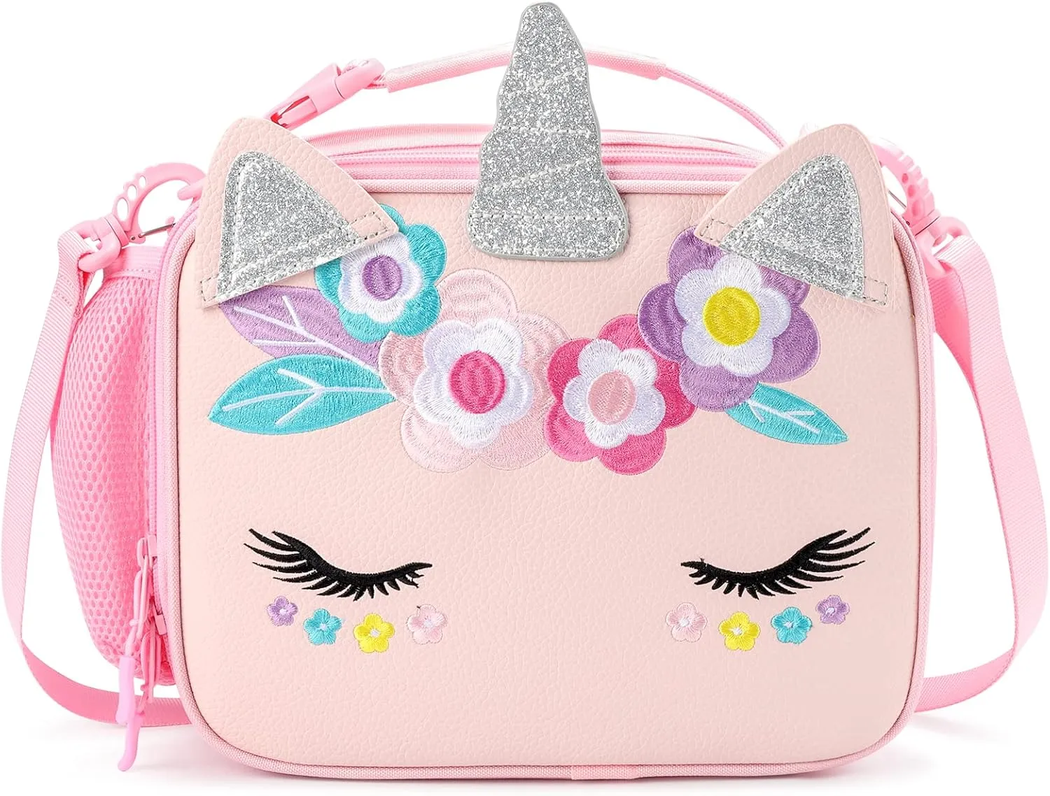 mibasies Unicorn Lunch Bag Kids Insulated Lunch Box for Girls with Water Bottle Holder and Shoulder Strap (Leather Pink)