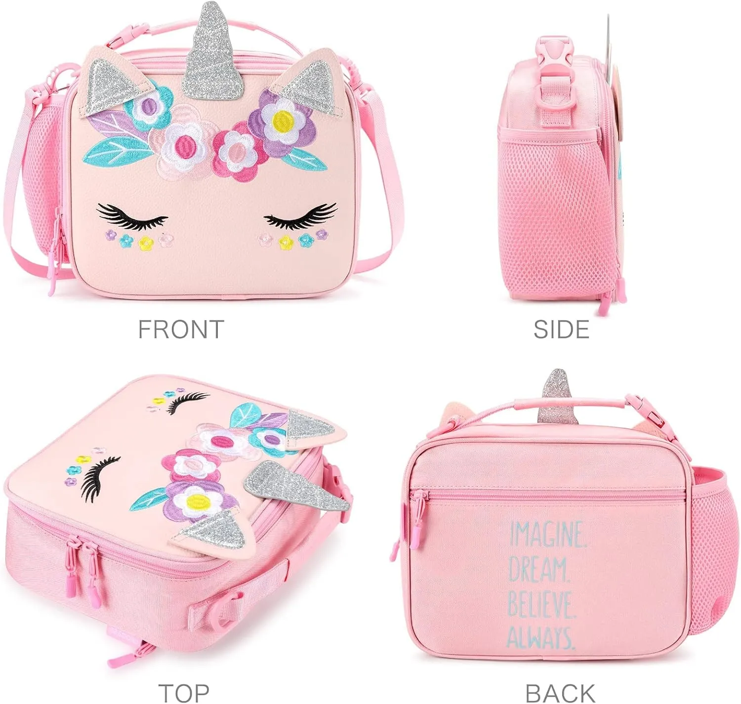 mibasies Unicorn Lunch Bag Kids Insulated Lunch Box for Girls with Water Bottle Holder and Shoulder Strap (Leather Pink)