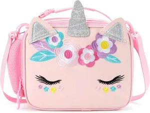 mibasies Unicorn Lunch Bag Kids Insulated Lunch Box for Girls with Water Bottle Holder and Shoulder Strap (Leather Pink)